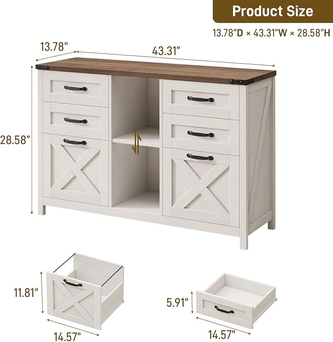 Halitaa Farmhouse Lateral File Cabinet with 6 Drawers, White and Brown | Lateral Filing Cabinet for Letter/A4 Size Hanging File, Wood File Storage Cabinet Printer Stand for Home Office Cabinet