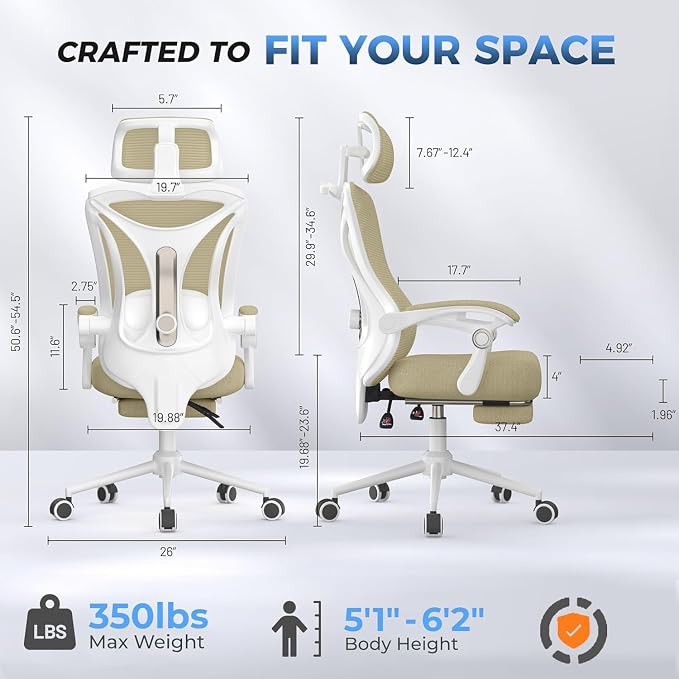 CYKOV Ergonomic Office Chair with Footrest - Adjustable Lumbar Support & Headrest, 90-135° Reclining Mesh Back Computer Chair - Home Office/Gaming, 350lbs Capacity | 4-Way Headrest (4.72" + 60°), 2-Way Lumbar (2" + 1.18"), 90-135° Recline, Breathable M...