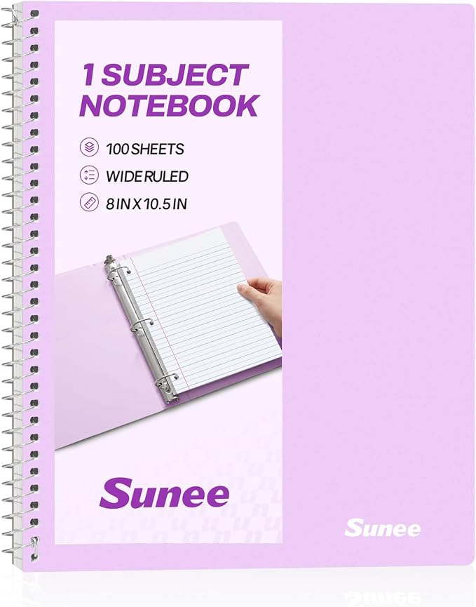 SUNEE Spiral Notebook, 1-Subject, Wide Ruled Paper, 8" x 10-1/2", 100 Sheets per Notebook, 3-Hole Punched Paper, Water Resistant Cover, Double-sided Pockets, Spiral Lined Notebooks for School, Purple