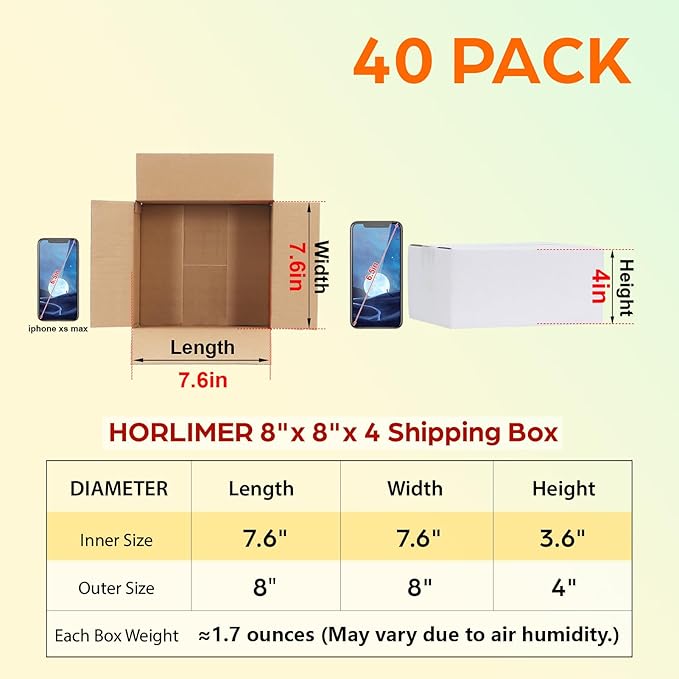 HORLIMER 40 Pack 8x8x4 Shipping Boxes, White Corrugated Cardboard Box for Mailing, Packaging, Small Business