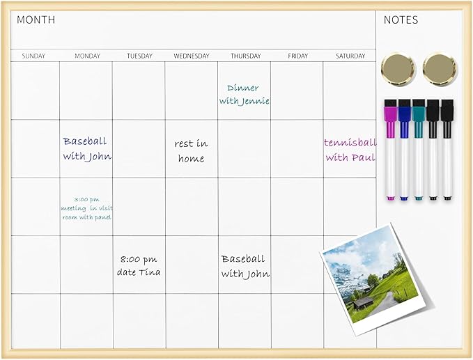 Magnetic Monthly Calendar Whiteboard, 17'' x 13'' Dry Erase Calendar for Wall Office School Home, Gold Wooden Frame