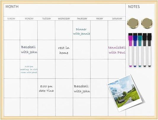 Magnetic Monthly Calendar Whiteboard, 17'' x 13'' Dry Erase Calendar for Wall Office School Home, Gold Wooden Frame