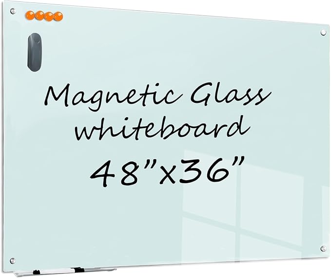 Glass Dry Erase White Board - 48 x 36 Inches Magnetic Glass Whiteboard for Wall Mounted, 4' x 3' Frameless Boards for Classroom Home, Office Supplies