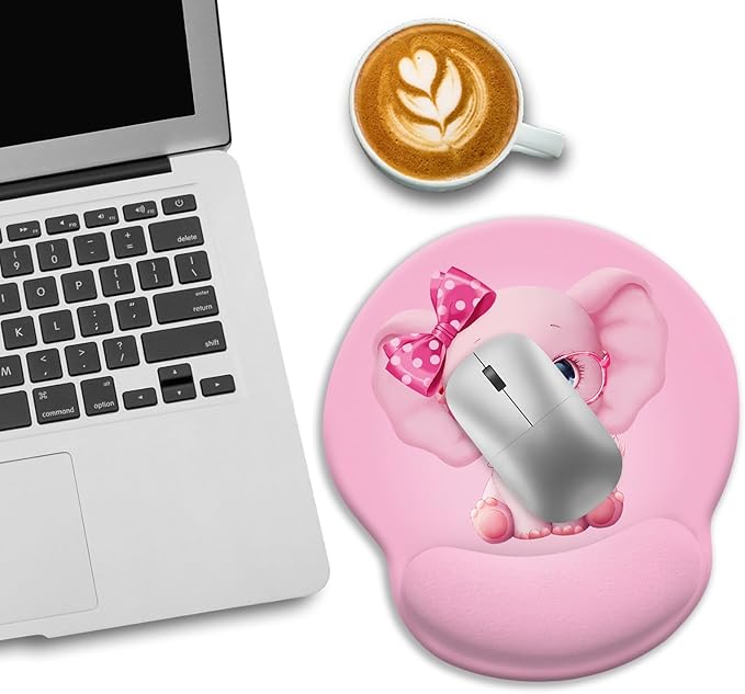 Ergonomic Mouse Pad with Gel Wrist Rest, Non-Slip PU Base & Cute Pink Elephant Design for Comfortable Office, Gaming, Home Use - Valentine's Gift for Her