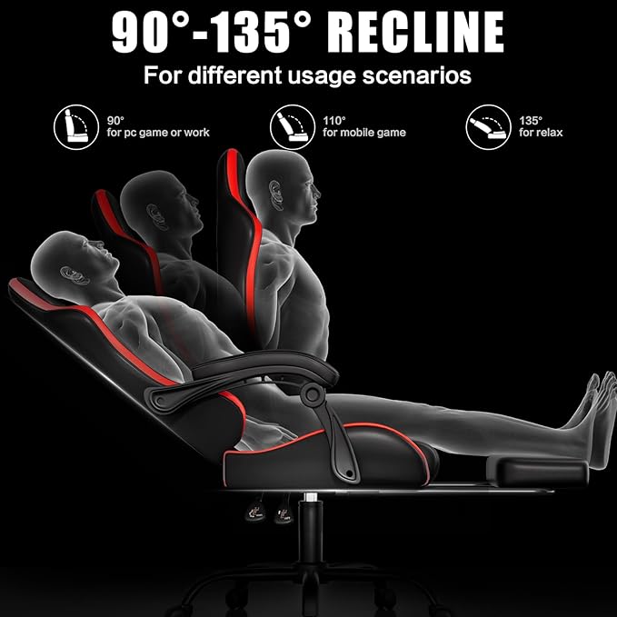 Gaming Chair, Ergonomic Office Computer Chair with Footrest and Lumbar Support Massager Racing Style High Back Video Gamer Chair, Wide＆Thick Cushion, 90°-135° Recline, Adjustable Height, Red