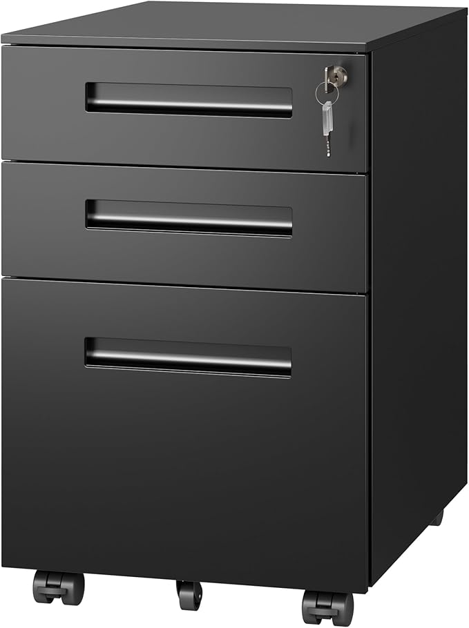 DEVAISE 3 Drawer Mobile File Cabinet, Fully Assembled Except Casters | Metal Filing Cabinet with Lock Under Desk for Home Office, Printer Stand fits A4/Letter/Legal Size, Black