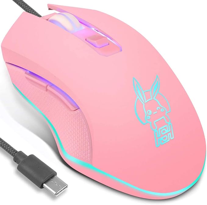 IULONEE USB Type C Wired Mouse 2400 DPI Gaming Mice for Office Home Pink | Wired Mouse Ergonomic 7 Backlight 6 Buttons Silent Compatible with Windows PC, Laptop, Computer and More USB Type C Devices