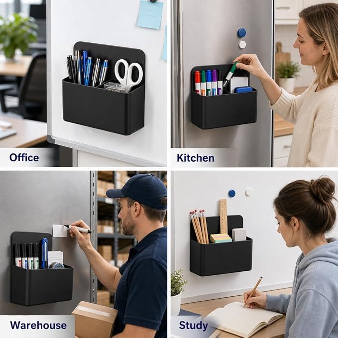 Magnetic Pencil Pen Holder, 2 PCS Dry Erase Marker Holder for Whiteboard, Black Magnet Storage Pencil Cup Case Box Fridge Organizers Locker Accessories for Office School Classroom Teacher Must Haves