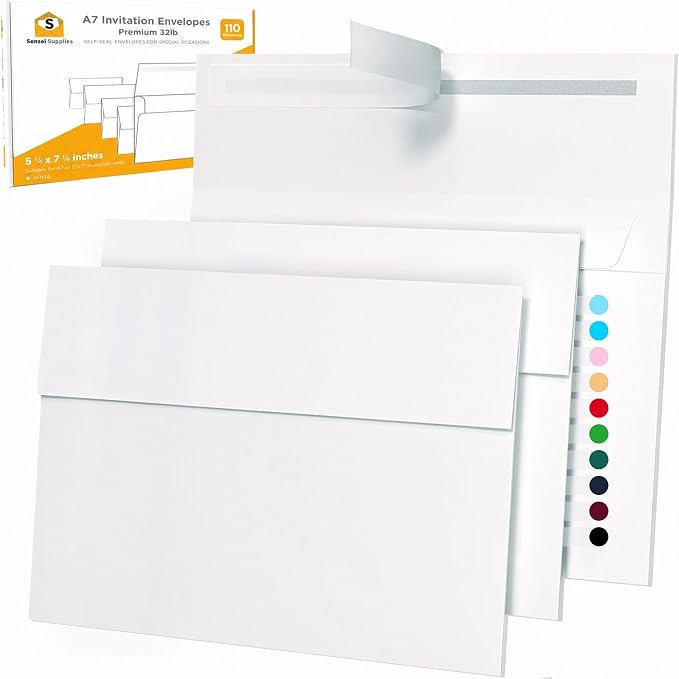 5x7 Envelopes for Invitations - 110 White Envelopes for 5x7 Cards - A7 - (5 ¼ x 7 ¼ inches) - Perfect for Weddings, Graduation, Baby Shower - 120 GSM - Peel, Press & Self Seal - Square Flap