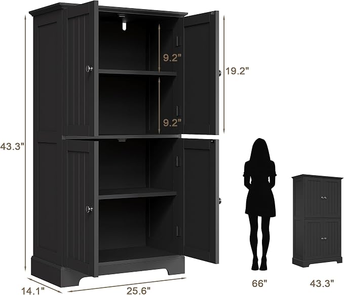 ChooChoo Bathroom Floor Cabinet with Adjustable Shelves | Bathroom Storage Cabinet, 4 Doors, Freestanding Cupboard for Living Room, Kitchen Pantry, Black
