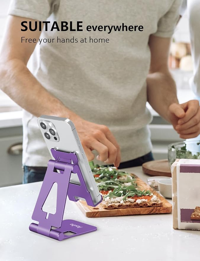 Aoviho Foldable Cell Phone Stand for Desk, Holder for iPhone,Purple | Folds Flat for Easy Storage, Hands-Free Viewing, Fits iPhone 17/16/15 Series & Samsung Galaxy, Ideal for Office & Home