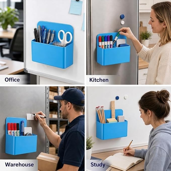 Magnetic Pencil Pen Holder, 2 PCS Dry Erase Marker Holder for Whiteboard, Blue Magnet Storage Pencil Cup Case Box Fridge Organizers Locker Accessories for Office School Classroom Teacher Must Haves