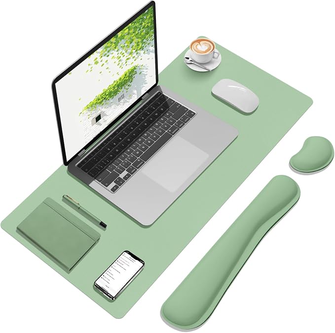 Desk Mat Set， Wrist Rest for Computer Keyboard, 3-in-1 Large Mouse Pad and Keyboard Wrist Rest Set, Non-Slip Desk Mat Protector for Office, Home(27.5×13.8 Inches, Lake Green)