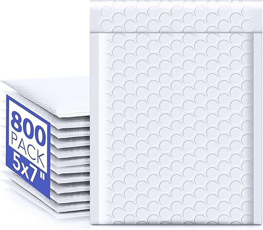 Fuxury Bubble Mailers 5x8.6" 800 Pack White Waterproof Padded Envelopes Usable Size 5x7" Self Seal Bubble Envelopes Padded Mailers Shipping Bags for Mailing Jewelry Makeup Small Business