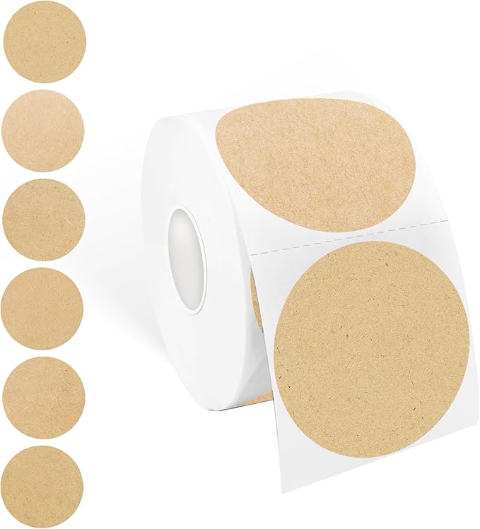 2 Inch Round Thermal Label, Self-Adhesive Waterproof Circle Sticker for Logo Design, Multipurpose Direct Thermal Labels, 600 Sheets/1 Roll,Imitation Kraft Paper Color