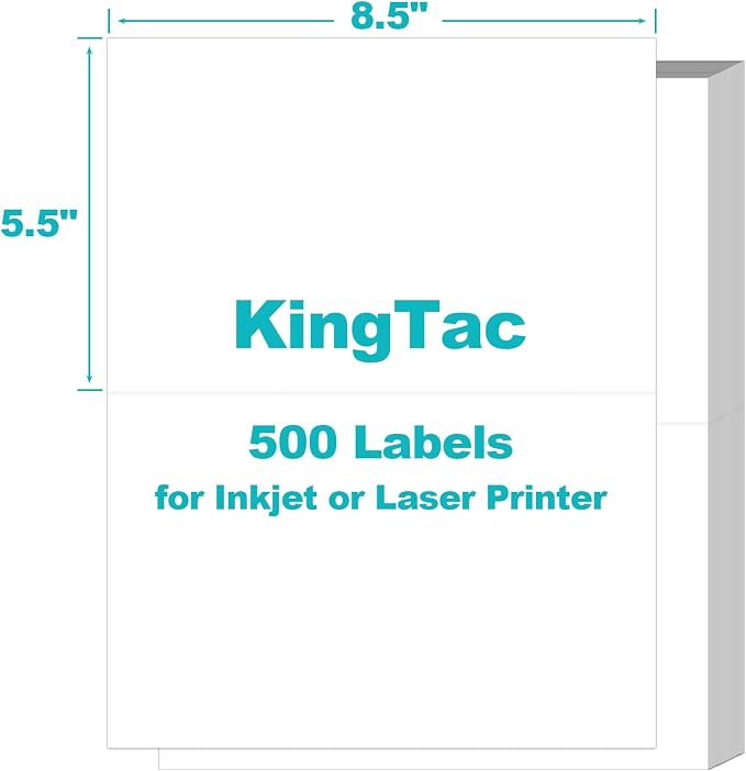 8.5 x 5.5 Inch Label, 2 Per Sheet, 500 Pcs White Self-Adhesive Sticker Paper, Printable Label Sheets Compatible with Inkjet & Laser Printers, Waterproof Scratch Resistant for Mailing, Home Office