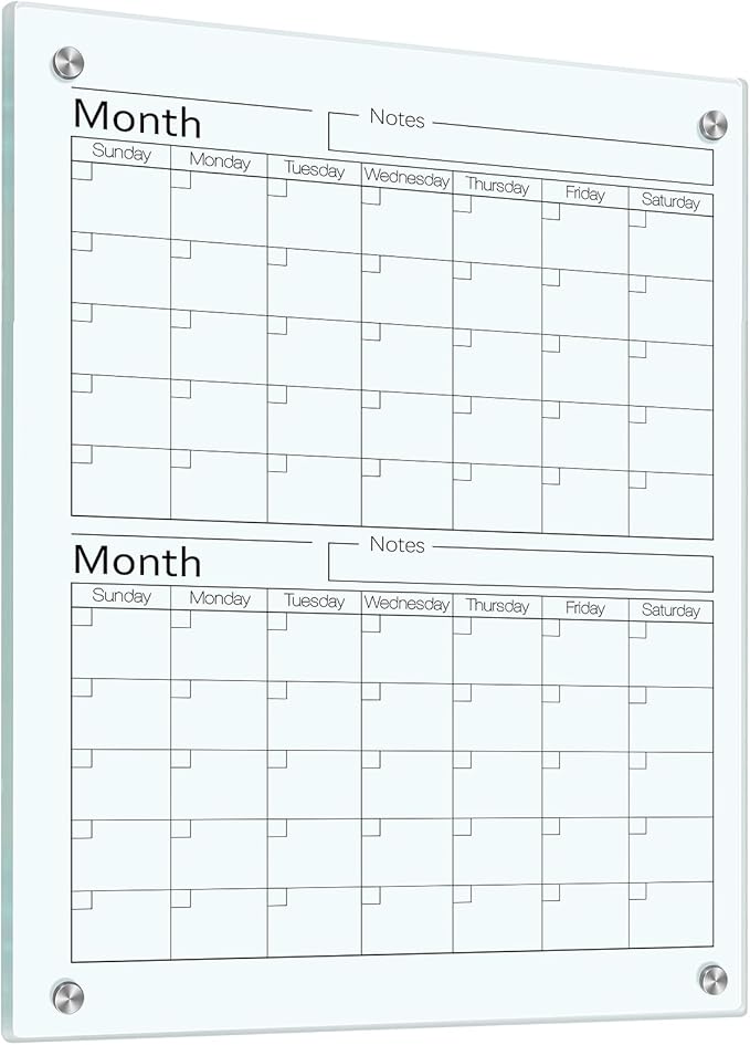 Glass Whiteboard Calendar Dry-Erase White Board Planner Glass Large Wall Mounted Calendar with Marker Tray for Wall Home or Office(Transparent,24" X 18",2 Month)