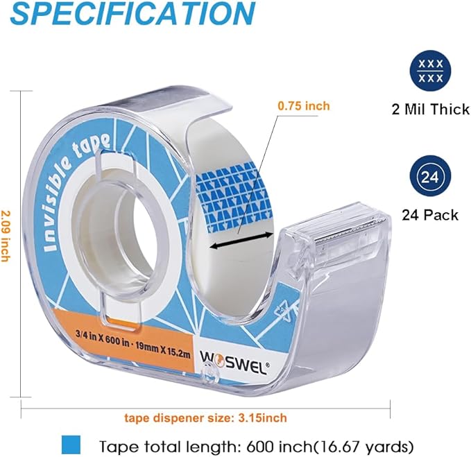 Tape Refills with Dispenser, 24 Roll Invisible Tapes, 3/4 Inch X 600 in, Gift Wrapping Tapes Supplier for Home School Office Use