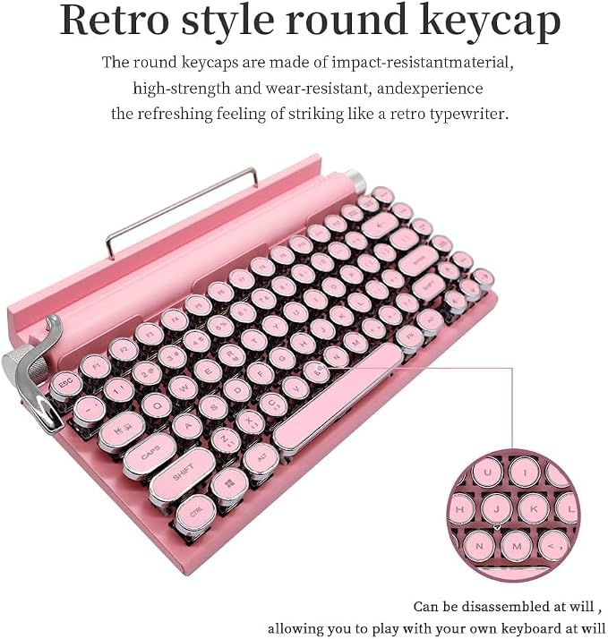 Adventurers Typewriter-Style Retro Mechanical Keyboard LED Backlight 83 Keys Bluetooth 5.0 Blue Axis,Compatible with iOS/Android/Windows/Vista/Linux/Mac Office/Gaming, 12.3x6.6x1.6in (Pink)