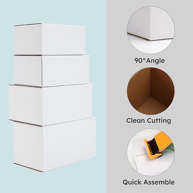 CRUGLA Assorted Sizes Shipping Boxes 40 Pack (11x6x6, 10x7x5, 9x6x4, 8x6x4), White Corrugated Cardboard Mailers, Each 10 PCS Small Boxes for Small Business Packaging, Shipping & Storage