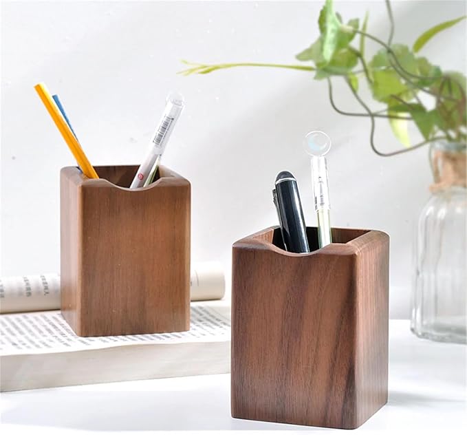 Wooden Pen Holder for Desk, 2 Pack Natural Wood Pencil Cup Holder – Office Desk Accessories Organizer, Makeup Brush Holder, Kids Crayon Marker Caddy, Eco-Friendly (2 Pack Walnut Color)