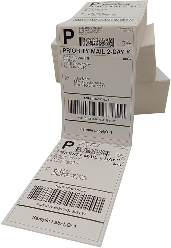 4x6 (100x150mm) Fanfold Direct Thermal Shipping Labels, 8 Stacks / 4000 Labels – Perforated, Compatible with Zebra, Rollo, UPS, FedEx