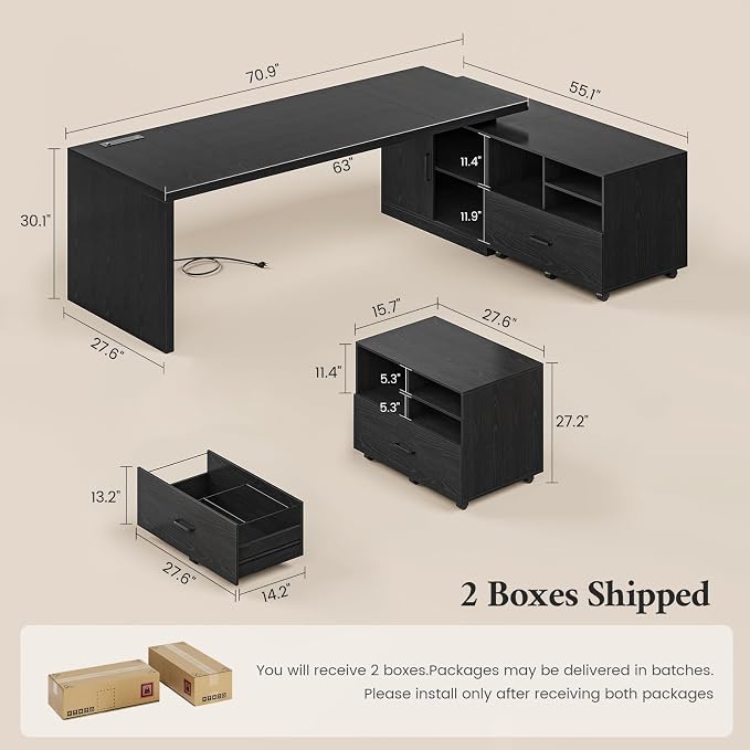 70.9" L Shaped Executive Desk with Power Outlets, Home Office Desk with Movable File Cabinet & Drawer, Modern Corner Computer Desks with Large Storage Cabinet, Black Business Furniture