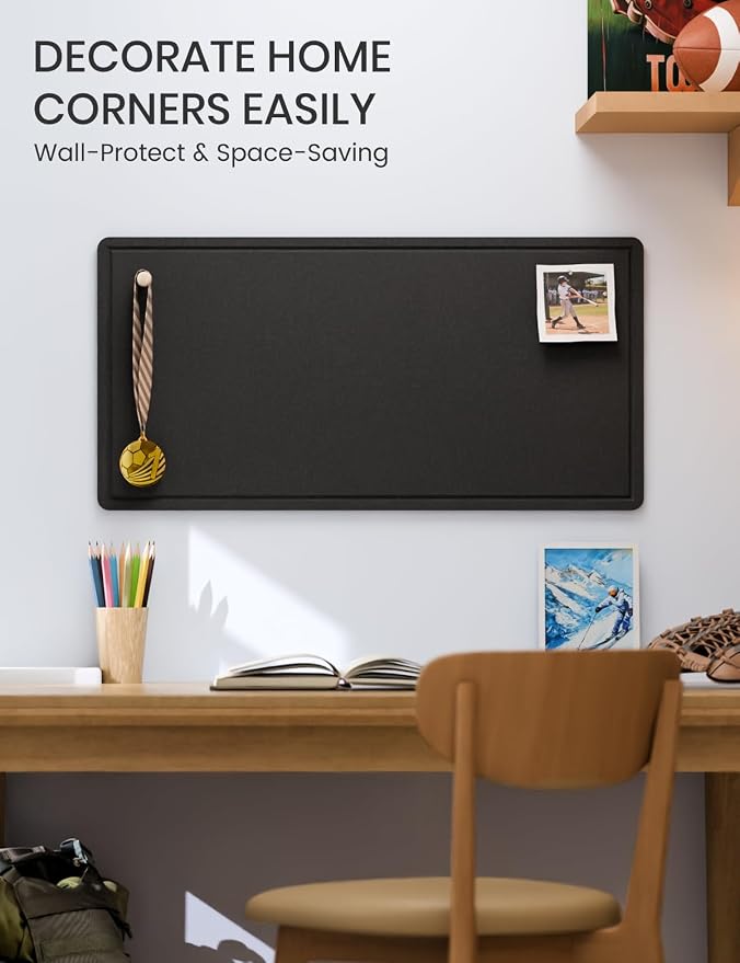 Fluxynara 35" x 17.1" Bulletin Board, Black | Cork Board Alternative with 12 Removable Adhesive Tabs, Foldable Felt Pin Board for Home, Office, Classroom & Dorm