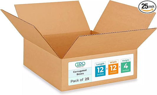 Medium Moving & Shipping Boxes 12"L x 12"W x 4"H (25-Pack) - Extra Strength 200 lb vs Regular - USA-Made Corrugated Cardboard Boxes - Packing Box for Shipping - Cardboard Shipping Box by IDL Packaging