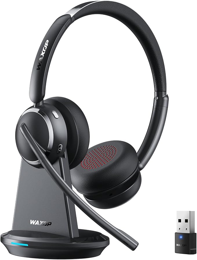 Wireless Headset with Mic for Work, Bluetooth 6.0 Headset with Microphone for PC, 65H AI Noise Cancelling Mic, 60ft Range, USB Dongle & Charging Base, On-Ear Headphones for Teams Zoom Call Center