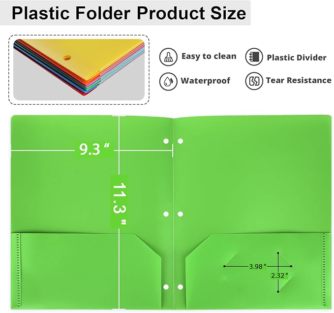 18 Pack Folders with Pockets, Plastic 3 Hole Punched Binder Folders with Business Card Holder, Colored Decorative File Folders for Documents, Filing Cabinet, School, Office, Business | 6 Color, Decorative, File Folders, Business Card Holder, for Docume...