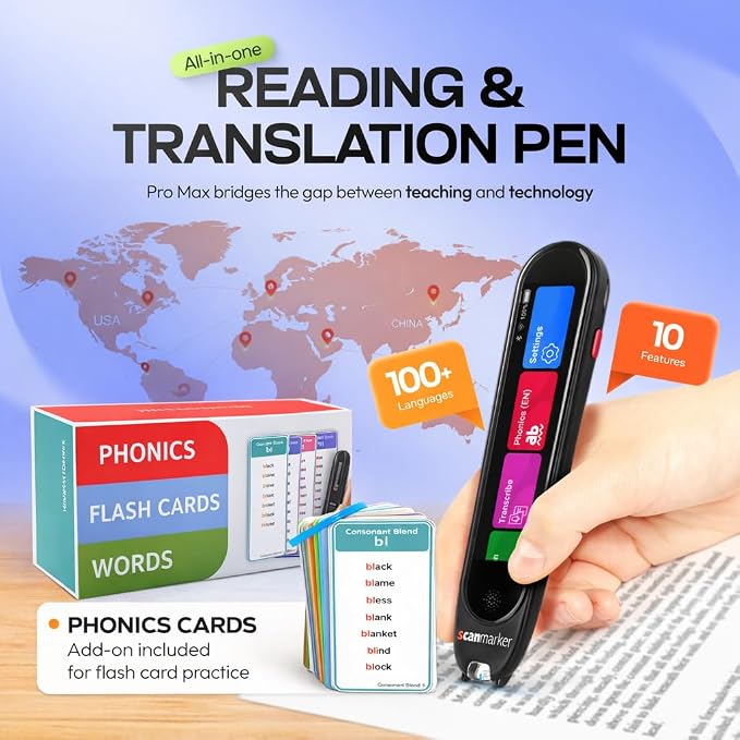 Scanmarker Max Back to School Supply Bundle Reading Pen + Phonics Cards | Designed for Classroom Support with Phonics Assistance, Lock Function and Assistive Web App
