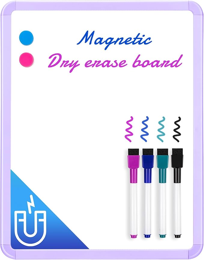VUSIGN Magnetic Dry Erase Board, 14 x 11 Inches White Board, Purple | Includes 4 Dry Erase Markers, Small Mini White Board for Students Fridge Wall Locker