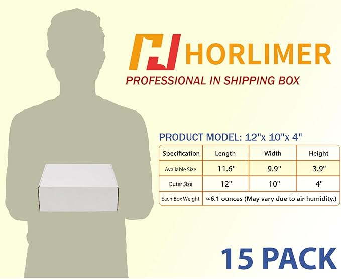 HORLIMER 12x10x4 inches Shipping Boxes Set of 15, White Corrugated Cardboard Box for Mailing, Packaging, Small Business