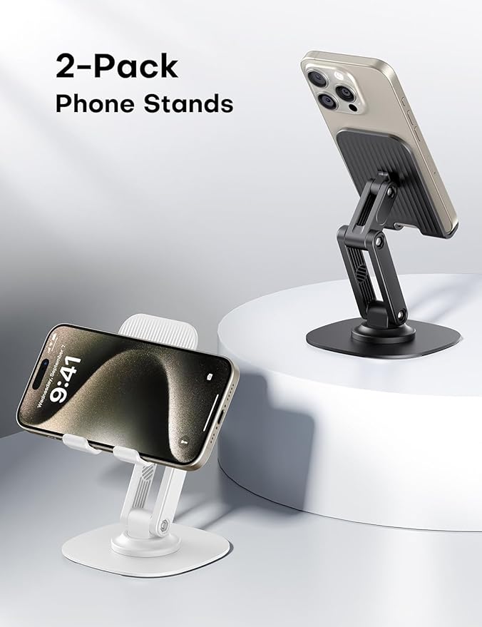 OMOTON Cell Phone Stand for Desk, 2 Pack Adjustable Foldable Phone Holder, 360 Swivel Mobile Stand Fit for iPhone 17 16 15 14 13 Pro Max and All Smart Phones, Black & White