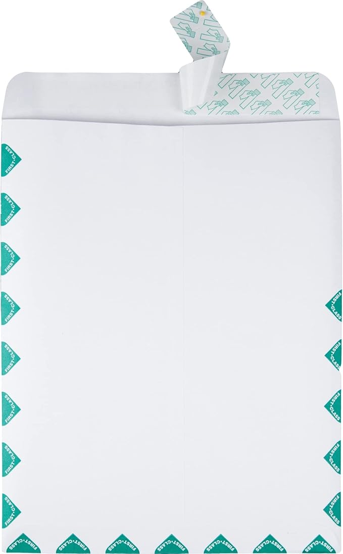 Quality Park 10 x 13 First Class Catalog Envelopes, First Class Border, Redi-Strip Self-Sealing Closure, 28 lb White Wove, 100 per Box (QUA44786)
