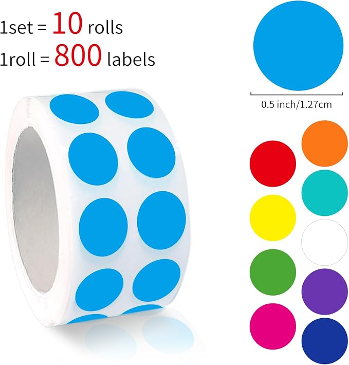 8000 PCS 1/2" Colored Dot Stickers Circle Color Coding Labels –10 Colors on Round Coding Label Sticker for Office, Student Classroom, Family Etc(10 Rolls, 0.5 Inches)