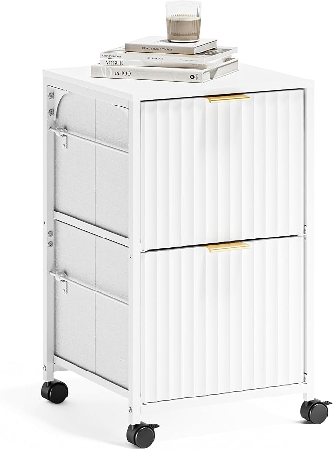 VINGLI 2 Drawer Mobile File Cabinet, Rolling Fluted Filing Cabinet Under Desk File Cabinet with Wheels, Fabric Drawers Printer Stand for Home Office, Fits Letter Size, White