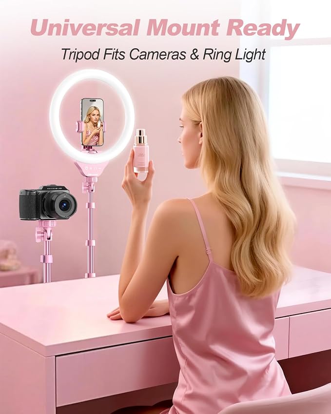 UBeesize 12'' LED Ring Light with 62'' Tripod Stand, Selfie Ring Light for Video Recording, Live Streaming, TikTok & YouTube, Compatible with iPhone & Android (Pink)