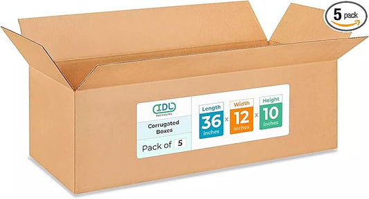 Large Shipping & Moving Boxes 36 x 12 x 10 inches (5-Pack) - Extra Strength 200 lb vs Regular - USA-Made Corrugated Boxes for Packaging Moving Stuff - Moving Box for USPS - Carton Box by IDL Packaging