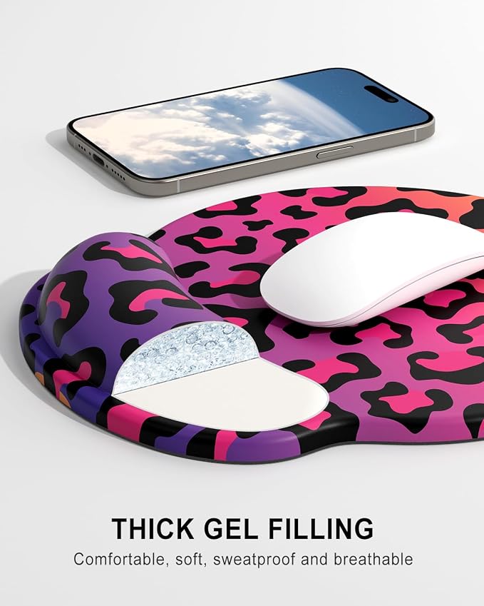 Auhoahsil Ergonomic Mouse Pad with Wrist Rest, Comfortable Silicone Non-slip Computer Pain Relief Gel Mouse Mat with Wrist Support for Gaming, Work, Office, Women & Men, Cute Pattern, Colorful Leopard