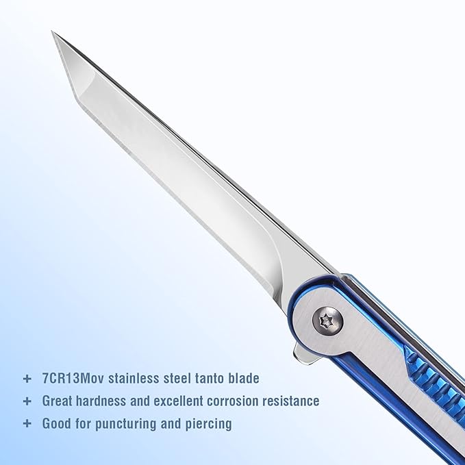 EDC Pocket Knife for Womens, Tanto Folding Knives with 7CR13Mov Stainless Steel Blade, Cool Survival Knife with Clip, Window Breaker, Flipper Open and Liner Lock for Outdoor Camping (Blue)