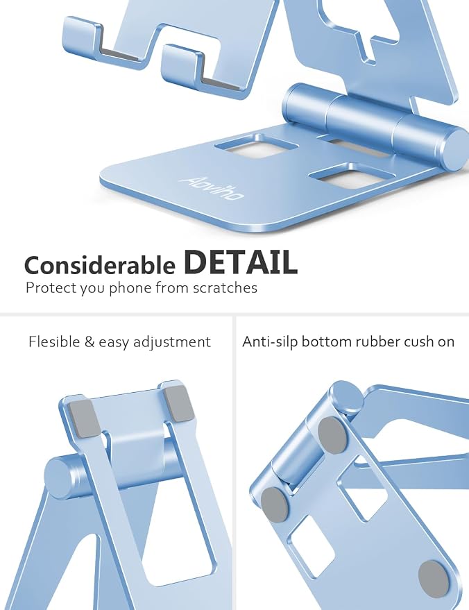Aoviho Foldable Cell Phone Stand for Desk, Holder for iPhone,Sky Blue | Folds Flat for Easy Storage, Hands-Free Viewing, Fits iPhone 17/16/15 Series & Samsung Galaxy, Ideal for Office & Home