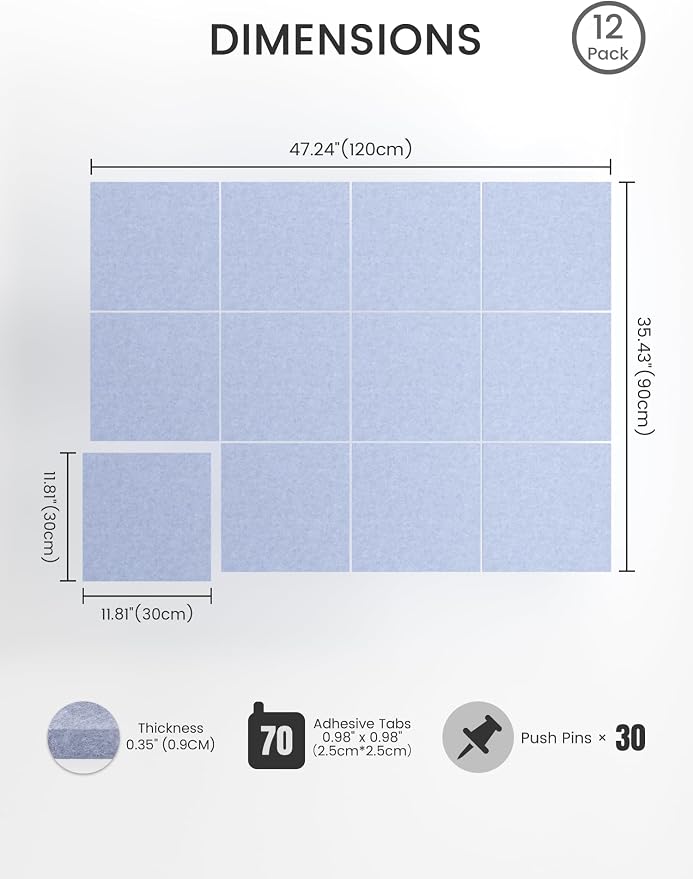 Bumusty 48" x 36" Large Cork Board Alternative, Soft Periwinkle | 12-Pack Felt Bulletin Board Tiles, 60 Adhesive Tabs, 30 Pushpins, Home, Office, Classroom, Vision Board