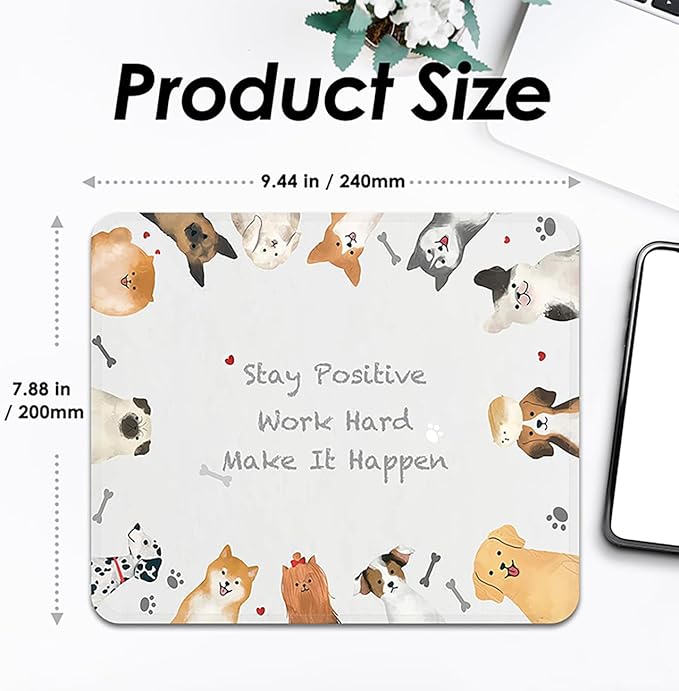 Mouse Pad with Stitched Edges - Cute Dog Mousepad for Women, 9.25 x 7.75 inch Washable Square Desk Pad, Non-Slip Rubber Base, Office Home Laptop Accessories - Puppy Inspiration