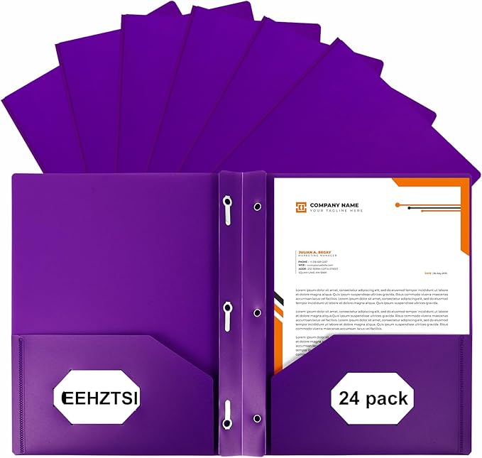 24-Pack Plastic Folders with Pockets and Prongs,2-Pocket Folders with 3 Fasteners, Holds 8-1/2" x 11" Paper for School/Office/Home, Purple