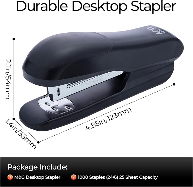 M&G Desktop Stapler Portable Stapler with 25 Sheet Capacity, Two Binding Modes, Classic Staplers with 1000 Staples, Durable Staplers for Office School Home (Black)