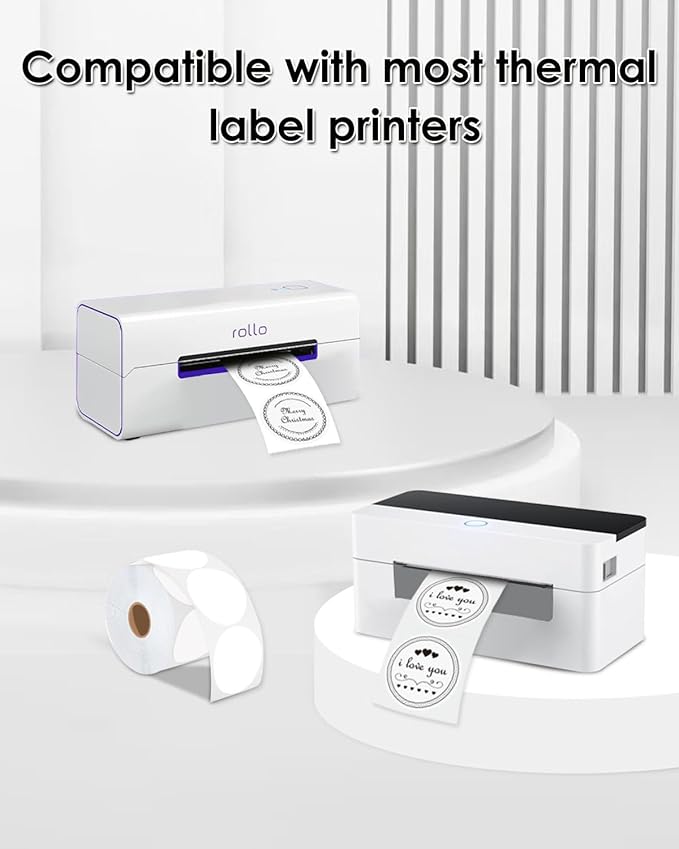 2 Inch (50.8mm x 50.8mm) Round Thermal Sticker Labels, Self-Adhesive Circle Direct Thermal Label, Multi-Purpose Roll Sticker for DIY Logo Design, QR Code, Name Tag, Roll of 500 Labels, White