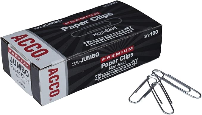 ACCO Jumbo Paper Clips, Non-Skid, Premium, Steel Wire, 20 Sheet Capacity, Silver, 1 Box of 100 Clips (A7072510) (Pack of 2)