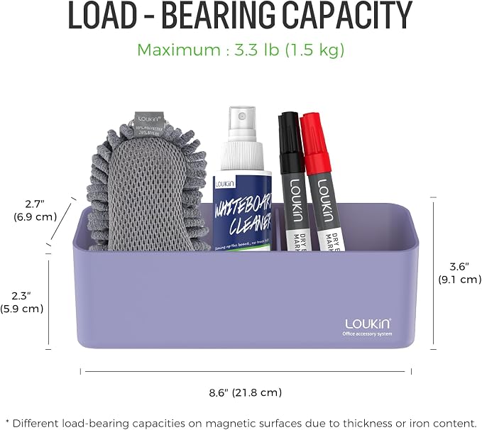 loukin Magnetic & Adhesive Marker Holder, Whiteboard Accessory Tray, Purple | 8.6" × 2.7", Holds 4 Erasers and 12 Markers, Supports up to 3.3 lb, 2 Mounting Options, Fits Glass and Refrigerators